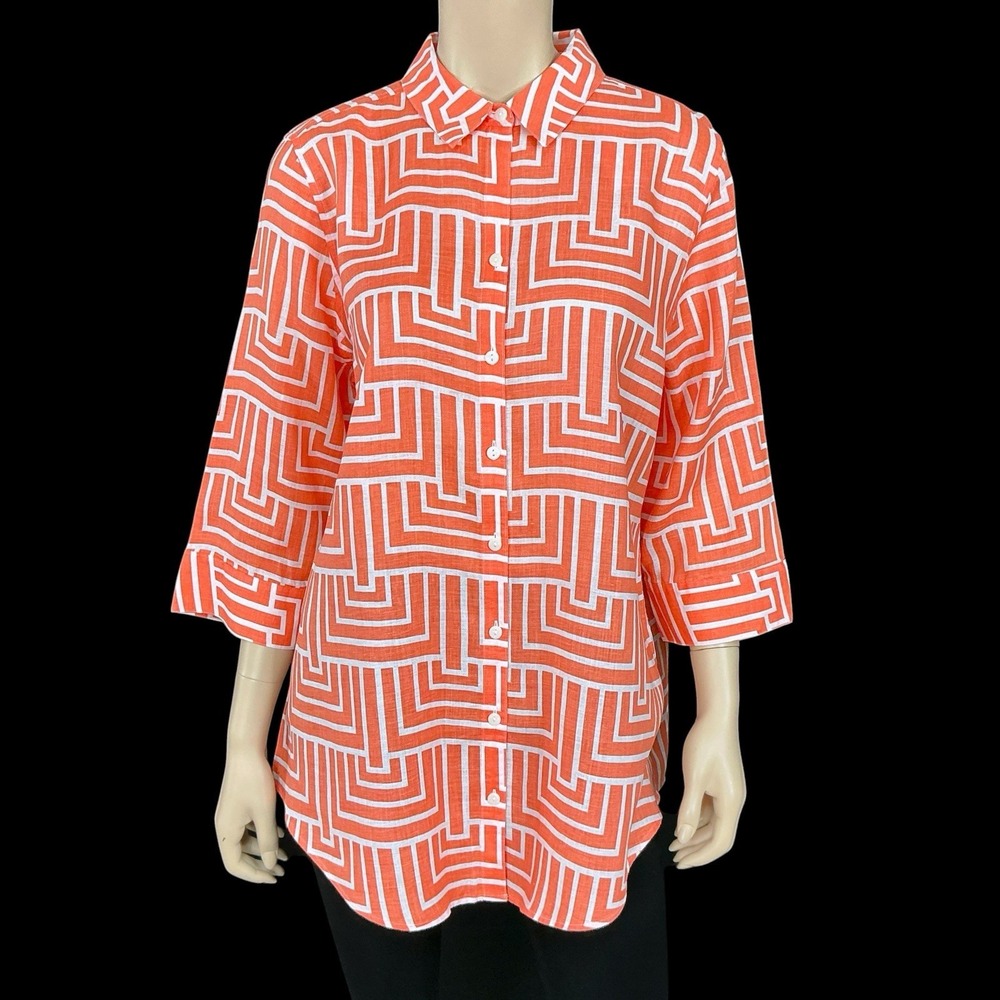 Chicos Top Women 2/US Large 12 Orange White Geo Print Button Collar Linen NWT